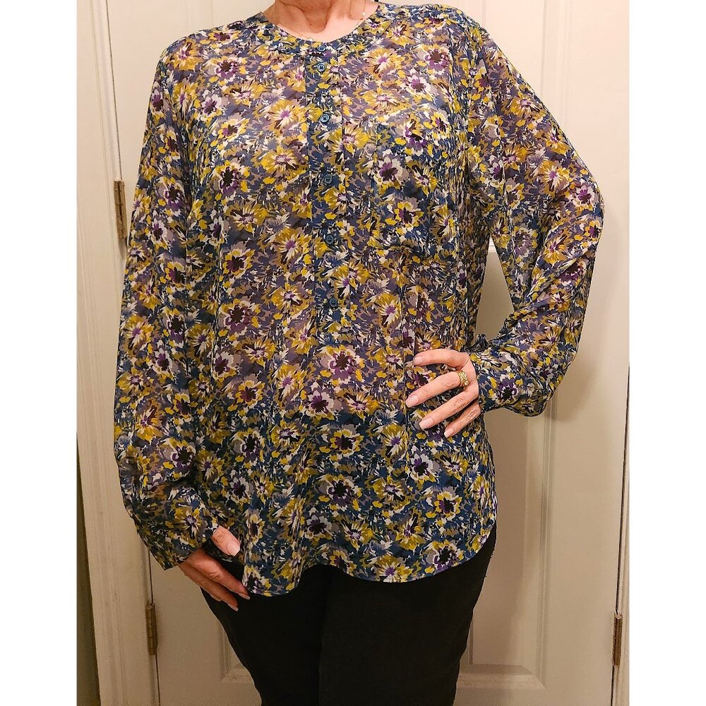 Lane Bryant Teal Purple Gold Floral HiLo Sheer Blouse Work to Party Plus 18/20